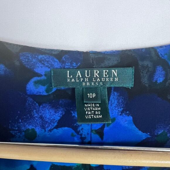 Ralph Lauren Womens 10 Blue Floral Cowl Drape Neck Side Ruched Sleeveless Dress - Picture 5 of 7